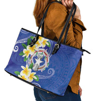 Northern Mariana Islands Chamorro Leather Tote Bag Plumeria Curves Style Navy Version