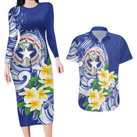 Northern Mariana Islands Couples Matching Long Sleeve Bodycon Dress and Hawaiian Shirt Polynesian Pattern With Frangipani LT05 Navy - Polynesian Pride