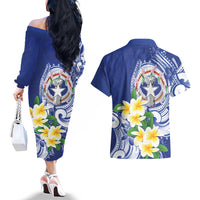 Northern Mariana Islands Couples Matching Off The Shoulder Long Sleeve Dress and Hawaiian Shirt Polynesian Pattern With Frangipani LT05 - Polynesian Pride