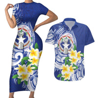 Northern Mariana Islands Couples Matching Short Sleeve Bodycon Dress and Hawaiian Shirt Polynesian Pattern With Frangipani LT05 Navy - Polynesian Pride