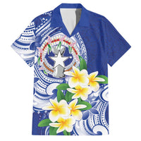 Northern Mariana Islands Family Matching Off The Shoulder Long Sleeve Dress and Hawaiian Shirt Polynesian Pattern With Frangipani LT05 Dad's Shirt - Short Sleeve Navy - Polynesian Pride