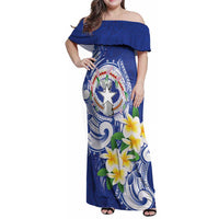 Northern Mariana Islands Family Matching Off Shoulder Maxi Dress and Hawaiian Shirt Polynesian Pattern With Frangipani LT05 Mom's Dress Navy - Polynesian Pride