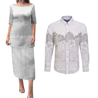 Samoa Lotu Tamaiti Couples Matching Puletasi and Long Sleeve Button Shirt White Sunday Polynesian Pattern With Tropical Flowers