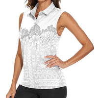 Samoa Lotu Tamaiti Women Sleeveless Polo Shirt White Sunday Polynesian Pattern With Tropical Flowers