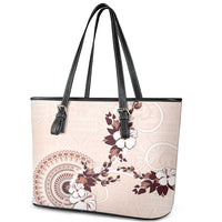 Bula Fiji Language Week Leather Tote Bag Fijian Tapa Pattern With Tagimoucia Flower