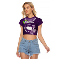 Cook Islands Rarotonga Raglan Cropped T Shirt Coat Of Arms Plumeria Polynesian Turtle LT05 Female Purple - Polynesian Pride
