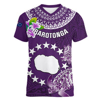 Cook Islands Rarotonga Women V Neck T Shirt Coat Of Arms Plumeria Polynesian Turtle LT05 Female Purple - Polynesian Pride