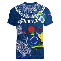 Personalized Cook Islands Pukapuka Women V Neck T Shirt Coat Of Arms Plumeria Polynesian Turtle LT05 - Polynesian Pride