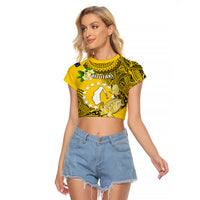 Cook Islands Aitutaki Raglan Cropped T Shirt Coat Of Arms Plumeria Polynesian Turtle LT05 Female Yellow - Polynesian Pride