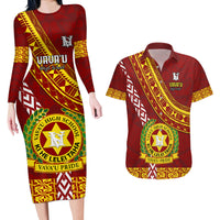 Custom Vavau High School Couples Matching Long Sleeve Bodycon Dress and Hawaiian Shirt Tongan Kupesi Pattern LT05 Red - Polynesian Pride