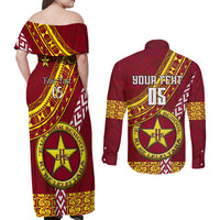 Custom Eua High School Couples Matching Off Shoulder Maxi Dress and Long Sleeve Button Shirts Tongan Kupesi Pattern LT05 - Polynesian Pride