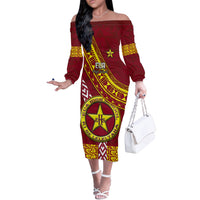 Custom Eua High School Off The Shoulder Long Sleeve Dress Tongan Kupesi Pattern LT05 Women Red - Polynesian Pride