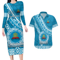 Custom Lavengamalie College Couples Matching Long Sleeve Bodycon Dress and Hawaiian Shirt Tongan Kupesi Pattern LT05 Blue - Polynesian Pride