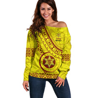 Custom Tonga High School Off Shoulder Sweater Tongan Kupesi Pattern LT05 Women Yellow - Polynesian Pride