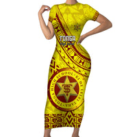 Custom Tonga High School Short Sleeve Bodycon Dress Tongan Kupesi Pattern LT05 Long Dress Yellow - Polynesian Pride