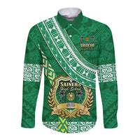 Custom Saineha High School Long Sleeve Button Shirt Tongan Kupesi Pattern LT05 Unisex Green - Polynesian Pride