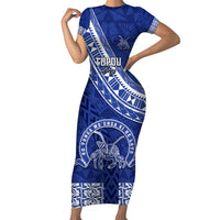 Custom Tupou College Short Sleeve Bodycon Dress Tongan Kupesi Pattern LT05 Long Dress Blue - Polynesian Pride
