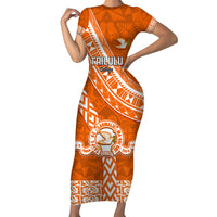 Custom Tailulu College Short Sleeve Bodycon Dress Tongan Kupesi Pattern LT05 Long Dress Orange - Polynesian Pride
