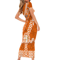 Custom Tailulu College Short Sleeve Bodycon Dress Tongan Kupesi Pattern LT05 - Polynesian Pride