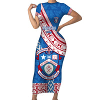 Custom Apifoou College Short Sleeve Bodycon Dress Tongan Kupesi Pattern LT05 Long Dress Blue - Polynesian Pride