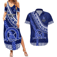Custom Queen Salote College Couples Matching Summer Maxi Dress and Hawaiian Shirt Tongan Kupesi Pattern LT05 Blue - Polynesian Pride