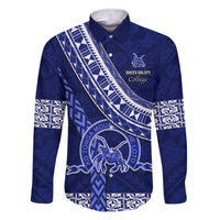 Custom Queen Salote College Family Matching Off Shoulder Maxi Dress and Hawaiian Shirt Tongan Kupesi Pattern LT05 Dad's Shirt - Long Sleeve Blue - Polynesian Pride