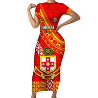 Custom Kolisi Tonga Short Sleeve Bodycon Dress Tongan Kupesi Pattern LT05 Long Dress Red - Polynesian Pride