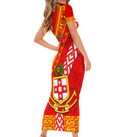 Custom Kolisi Tonga Short Sleeve Bodycon Dress Tongan Kupesi Pattern LT05 - Polynesian Pride