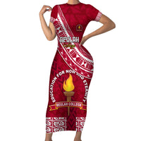 Custom Beulah College Short Sleeve Bodycon Dress Tongan Kupesi Pattern LT05 Long Dress Red - Polynesian Pride