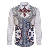 Hawaii Family Matching Puletasi and Hawaiian Shirt Barkcloth Pattern Vintage Style LT05 Dad's Shirt - Long Sleeve Blue - Polynesian Pride