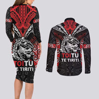 Aotearoa Mana Maori Couples Matching Long Sleeve Bodycon Dress and Long Sleeve Button Shirt Toitu Te Tiriti
