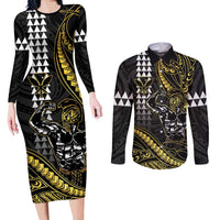 Hawaii Ikaika Warrior Helmet Couples Matching Long Sleeve Bodycon Dress and Long Sleeve Button Shirt Gold Style LT05 Gold - Polynesian Pride