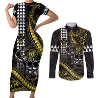 Hawaii Ikaika Warrior Helmet Couples Matching Short Sleeve Bodycon Dress and Long Sleeve Button Shirt Gold Style LT05 Gold - Polynesian Pride
