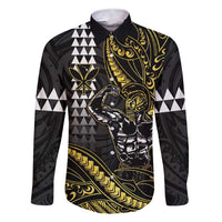 Hawaii Ikaika Warrior Helmet Family Matching Short Sleeve Bodycon Dress and Hawaiian Shirt Gold Style