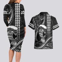 Hawaii Ikaika Warrior Helmet Couples Matching Long Sleeve Bodycon Dress and Hawaiian Shirt Black Tribal Tattoo