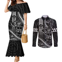 Hawaii Ikaika Warrior Helmet Couples Matching Mermaid Dress and Long Sleeve Button Shirt Black Tribal Tattoo LT05 Black - Polynesian Pride