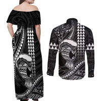 Hawaii Ikaika Warrior Helmet Couples Matching Off Shoulder Maxi Dress and Long Sleeve Button Shirt Black Tribal Tattoo LT05 - Polynesian Pride