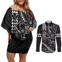 Hawaii Ikaika Warrior Helmet Couples Matching Off Shoulder Short Dress and Long Sleeve Button Shirt Black Tribal Tattoo LT05 Black - Polynesian Pride
