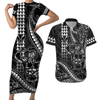 Hawaii Ikaika Warrior Helmet Couples Matching Short Sleeve Bodycon Dress and Hawaiian Shirt Black Tribal Tattoo