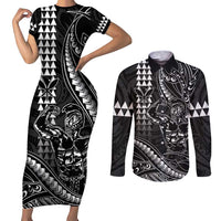 Hawaii Ikaika Warrior Helmet Couples Matching Short Sleeve Bodycon Dress and Long Sleeve Button Shirt Black Tribal Tattoo LT05 Black - Polynesian Pride