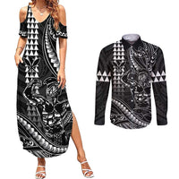 Hawaii Ikaika Warrior Helmet Couples Matching Summer Maxi Dress and Long Sleeve Button Shirt Black Tribal Tattoo LT05 Black - Polynesian Pride