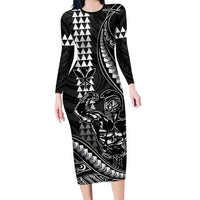 Hawaii Ikaika Warrior Helmet Family Matching Long Sleeve Bodycon Dress and Hawaiian Shirt Black Tribal Tattoo LT05 Mom's Dress Black - Polynesian Pride