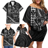 Hawaii Ikaika Warrior Helmet Family Matching Off Shoulder Short Dress and Hawaiian Shirt Black Tribal Tattoo LT05 - Polynesian Pride