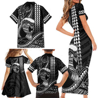 Hawaii Ikaika Warrior Helmet Family Matching Short Sleeve Bodycon Dress and Hawaiian Shirt Black Tribal Tattoo LT05 - Polynesian Pride
