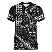 Hawaii Ikaika Warrior Helmet Women V-Neck T-Shirt Black Tribal Tattoo LT05 Female Black - Polynesian Pride