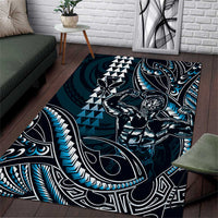 Hawaii Ikaika Warrior Helmet Area Rug Blue Tribal Tattoo