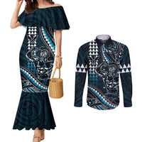 Hawaii Ikaika Warrior Helmet Couples Matching Mermaid Dress and Long Sleeve Button Shirt Blue Tribal Tattoo LT05 Blue - Polynesian Pride