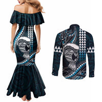 Hawaii Ikaika Warrior Helmet Couples Matching Mermaid Dress and Long Sleeve Button Shirt Blue Tribal Tattoo LT05 - Polynesian Pride