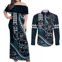 Hawaii Ikaika Warrior Helmet Couples Matching Off Shoulder Maxi Dress and Long Sleeve Button Shirt Blue Tribal Tattoo LT05 Blue - Polynesian Pride
