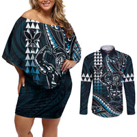 Hawaii Ikaika Warrior Helmet Couples Matching Off Shoulder Short Dress and Long Sleeve Button Shirt Blue Tribal Tattoo LT05 Blue - Polynesian Pride